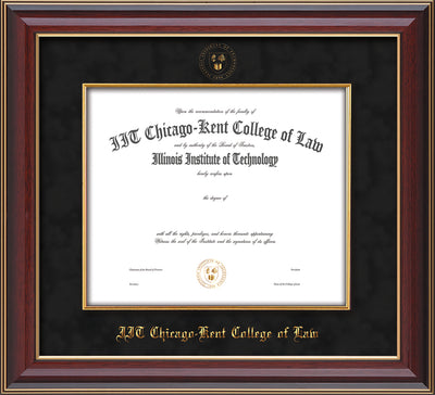 Image of Chicago-Kent College of Law Diploma Frame - Cherry Lacquer - w/Embossed CKCL Seal & Name - Museum Glass - Fillet - Black Suede mat