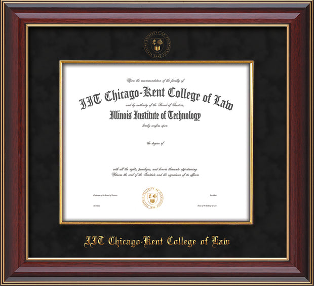 Image of Chicago-Kent College of Law Diploma Frame - Cherry Lacquer - w/Embossed CKCL Seal & Name - Museum Glass - Fillet - Black Suede mat