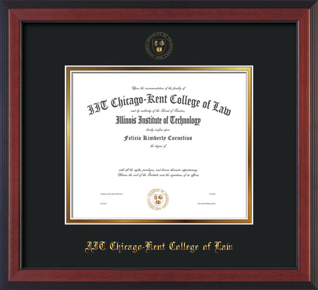 Image of Chicago-Kent College of Law Diploma Frame - Cherry Reverse - w/Embossed CKCL Seal & Name - UV Glass - Black on Gold mat