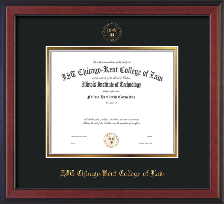 Image of Chicago-Kent College of Law Diploma Frame - Cherry Reverse - w/Embossed CKCL Seal & Name - UV Glass - Black on Gold mat