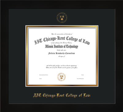 Image of Chicago-Kent College of Law Diploma Frame - Flat Matte Black - w/Embossed CKCL Seal & Name - UV Glass - Black on Gold mat