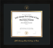 Image of Chicago-Kent College of Law Diploma Frame - Flat Matte Black - w/Embossed CKCL Seal & Name - Museum Glass - Black on Gold mat