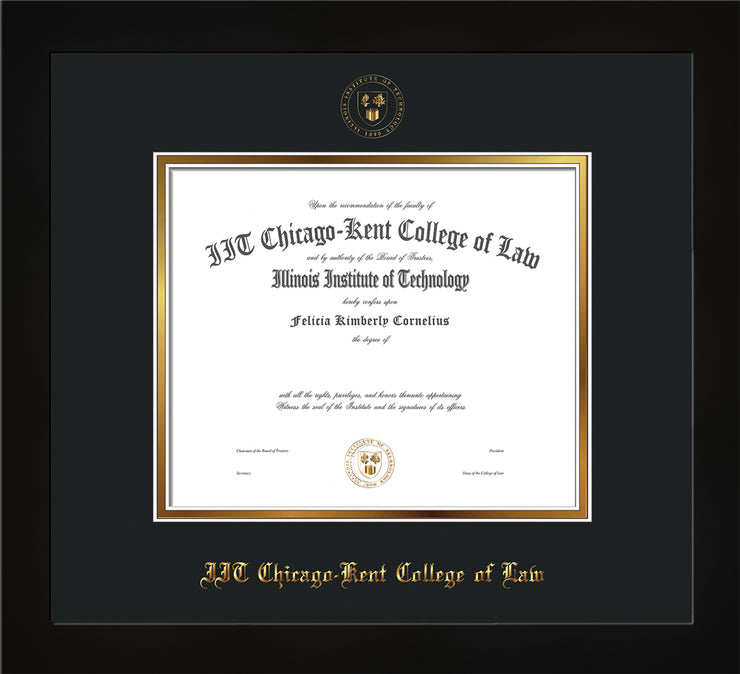 Image of Chicago-Kent College of Law Diploma Frame - Flat Matte Black - w/Embossed CKCL Seal & Name - Museum Glass - Black on Gold mat