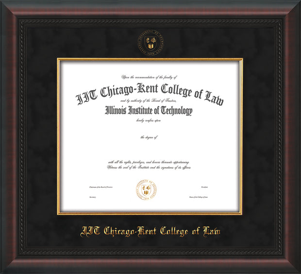 Image of Chicago-Kent College of Law Diploma Frame - Mahogany Braid - w/Embossed CKCL Seal & Name - Museum Glass - Fillet - Black Suede mat
