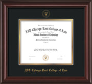Image of Chicago-Kent College of Law Diploma Frame - Mahogany Lacquer - w/Embossed CKCL Seal & Name - Museum Glass - Black on Gold mat