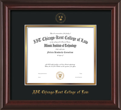 Image of Chicago-Kent College of Law Diploma Frame - Mahogany Lacquer - w/Embossed CKCL Seal & Name - Museum Glass - Black on Gold mat