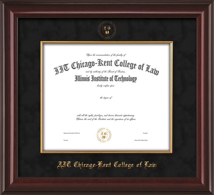 Image of Chicago-Kent College of Law Diploma Frame - Mahogany Lacquer - w/Embossed CKCL Seal & Name - Museum Glass - Fillet - Black mat