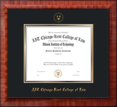Image of Chicago-Kent College of Law Diploma Frame - Mezzo Gloss - w/Embossed CKCL Seal & Name - UV Glass - Black on Gold mat