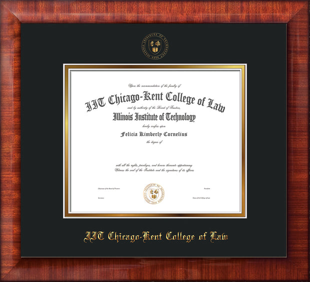 Image of Chicago-Kent College of Law Diploma Frame - Mezzo Gloss - w/Embossed CKCL Seal & Name - UV Glass - Black on Gold mat