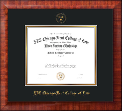 Image of Chicago-Kent College of Law Diploma Frame - Mezzo Gloss - w/Embossed CKCL Seal & Name - Museum Glass - Black on Gold mat