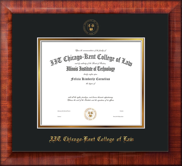 Image of Chicago-Kent College of Law Diploma Frame - Mezzo Gloss - w/Embossed CKCL Seal & Name - Museum Glass - Black on Gold mat