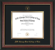Image of Chicago-Kent College of Law Diploma Frame - Rosewood with Gold Lip - w/Embossed CKCL Seal & Name - Museum Glass - Black on Gold mat