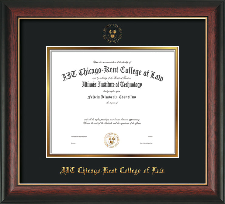 Image of Chicago-Kent College of Law Diploma Frame - Rosewood with Gold Lip - w/Embossed CKCL Seal & Name - Museum Glass - Black on Gold mat