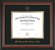 Image of Chicago-Kent College of Law Diploma Frame - Rosewood with Gold Lip - w/Embossed CKCL Seal & Name - UV Glass - Black on Gold mat