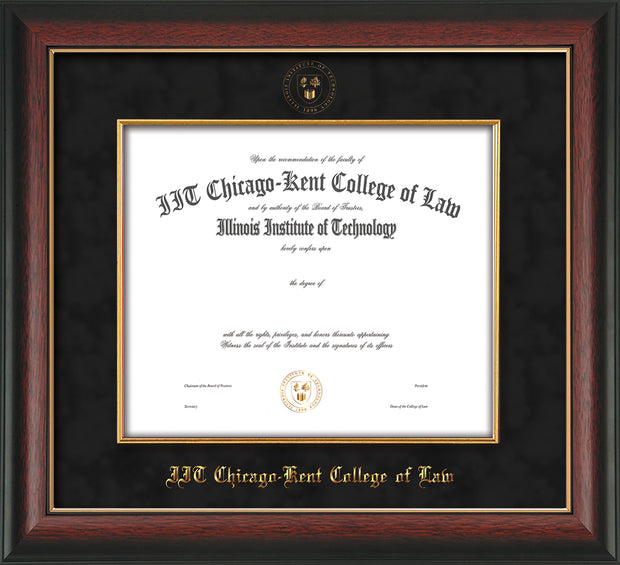 Image of Chicago-Kent College of Law Diploma Frame - Rosewood with Gold Lip - w/Embossed CKCL Seal & Name - Museum Glass - Fillet - Black Suede mat