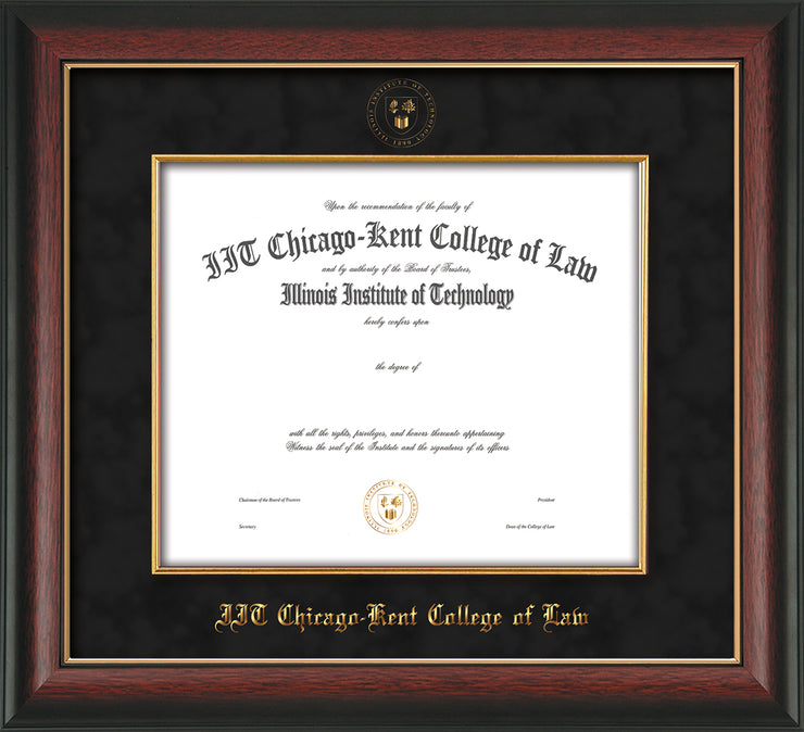 Image of Chicago-Kent College of Law Diploma Frame - Rosewood with Gold Lip - w/Embossed CKCL Seal & Name - Museum Glass - Fillet - Black Suede mat