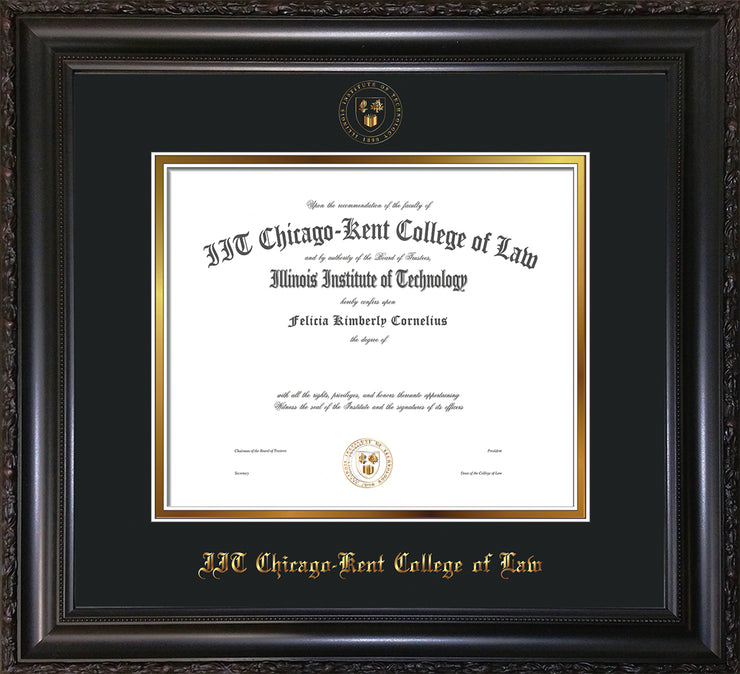 Image of Chicago-Kent College of Law Diploma Frame - Vintage Black Scoop - w/Embossed CKCL Seal & Name - Museum Glass - Black on Gold mat