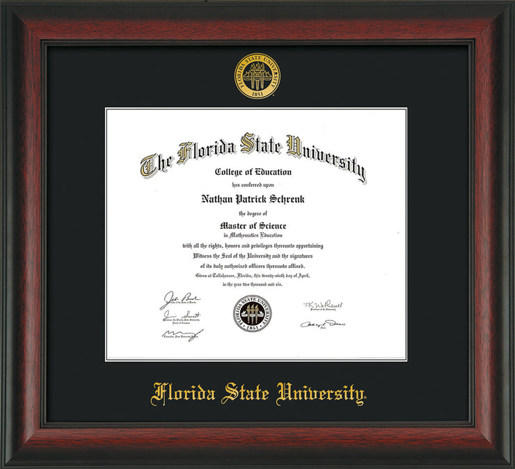Florida State University Diploma Frame - Rosewood - w/Embossed FSU Seal & Name - Single Black mat