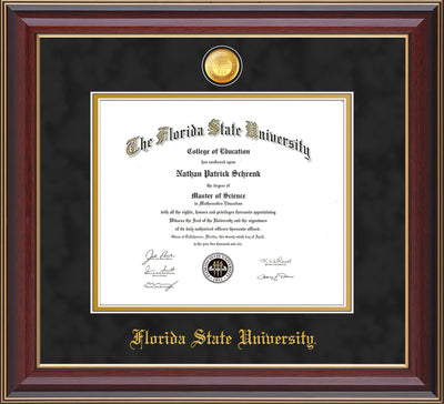 Image of Florida State University Diploma Frame - Cherry Lacquer - w/24k Gold-Plated Medallion FSU Name Embossing - Black Suede on Gold mats