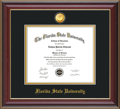 Image of Florida State University Diploma Frame - Cherry Lacquer - w/24k Gold-Plated Medallion FSU Name Embossing - Black on Gold mats