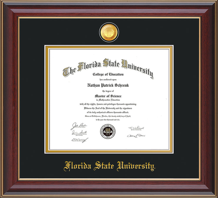 Image of Florida State University Diploma Frame - Cherry Lacquer - w/24k Gold-Plated Medallion FSU Name Embossing - Black on Gold mats