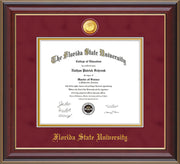 Image of Florida State University Diploma Frame - Cherry Lacquer - w/24k Gold-Plated Medallion FSU Name Embossing - Garnet Suede on Gold mats