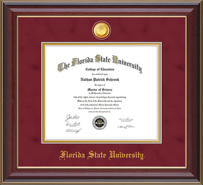 Image of Florida State University Diploma Frame - Cherry Lacquer - w/24k Gold-Plated Medallion FSU Name Embossing - Garnet Suede on Gold mats