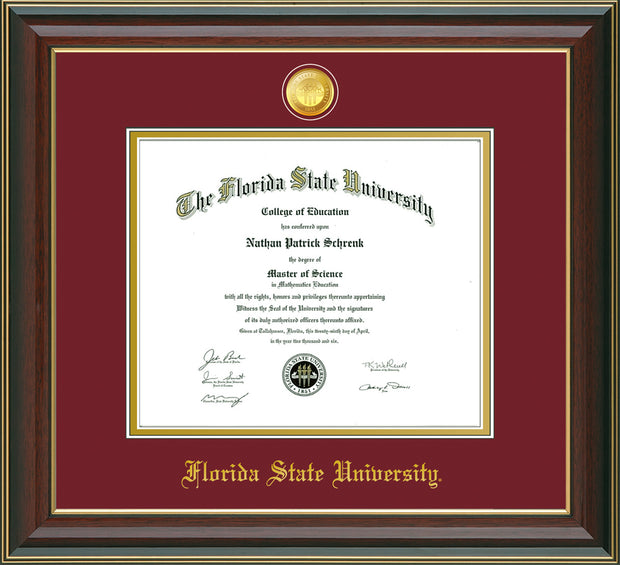Image of Florida State University Diploma Frame - Cherry Lacquer - w/24k Gold-Plated Medallion FSU Name Embossing - Garnet on Gold mats