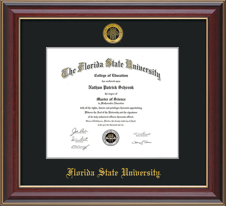 Image of Florida State University Diploma Frame - Cherry Lacquer - w/Embossed FSU Seal & Name - Single Black mat