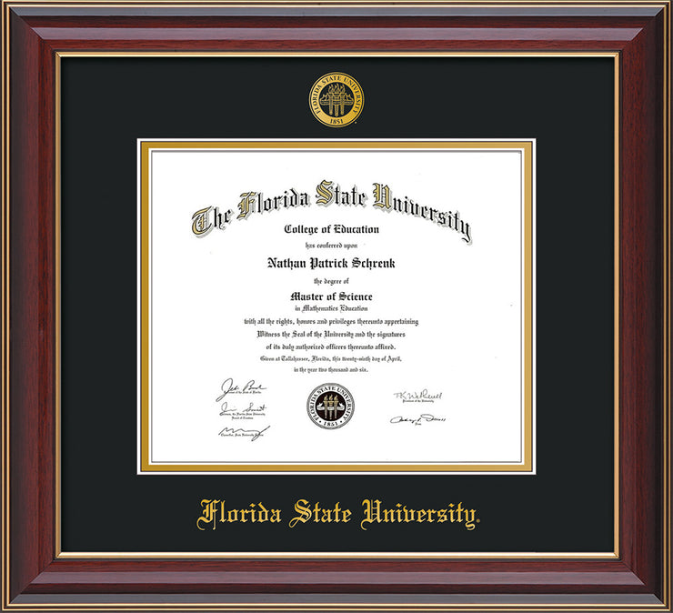 Image of Florida State University Diploma Frame - Cherry Lacquer - w/Embossed FSU Seal & Name - Black on Gold mats