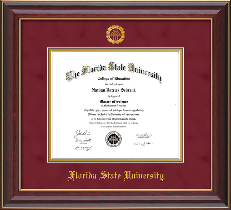 Image of Florida State University Diploma Frame - Cherry Lacquer - w/Embossed FSU Seal & Name - Garnet Suede on Gold mats