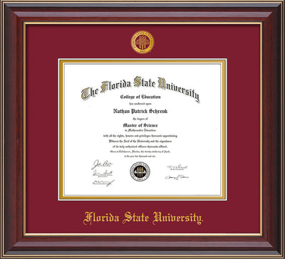 Image of Florida State University Diploma Frame - Cherry Lacquer - w/Embossed FSU Seal & Name - Garnet on Gold mats