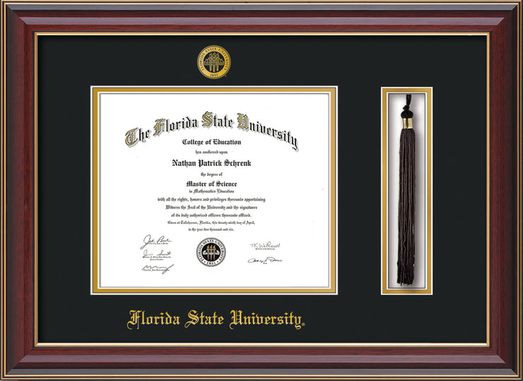 Image of Florida State University Diploma Frame - Cherry Lacquer - w/Embossed FSU Seal & Name - Tassel Holder - Black on Gold mats