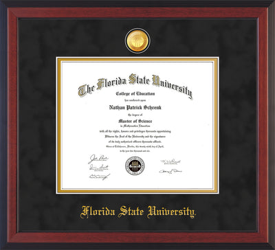 Image of Florida State University Diploma Frame - Cherry Reverse - w/24k Gold-Plated Medallion FSU Name Embossing - Black Suede on Gold mats