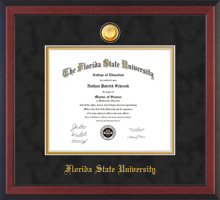 Image of Florida State University Diploma Frame - Cherry Reverse - w/24k Gold-Plated Medallion FSU Name Embossing - Black Suede on Gold mats
