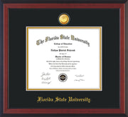 Image of Florida State University Diploma Frame - Cherry Reverse - w/24k Gold-Plated Medallion FSU Name Embossing - Black on Gold mats