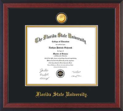 Image of Florida State University Diploma Frame - Cherry Reverse - w/24k Gold-Plated Medallion FSU Name Embossing - Black on Gold mats