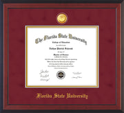 Image of Florida State University Diploma Frame - Cherry Reverse - w/24k Gold-Plated Medallion FSU Name Embossing - Garnet Suede on Gold mats
