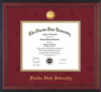 Image of Florida State University Diploma Frame - Cherry Reverse - w/24k Gold-Plated Medallion FSU Name Embossing - Garnet Suede on Gold mats