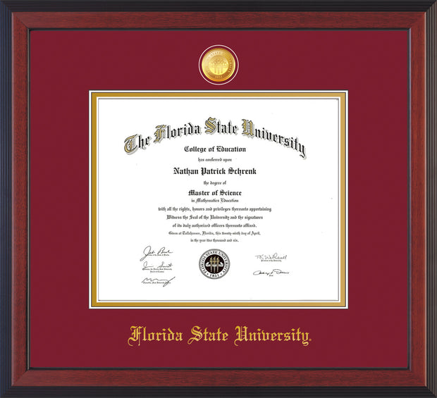 Image of Florida State University Diploma Frame - Cherry Reverse - w/24k Gold-Plated Medallion FSU Name Embossing - Garnet on Gold mats