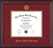 Image of Florida State University Diploma Frame - Cherry Reverse - w/Embossed FSU Seal & Name - Garnet Suede on Gold mats