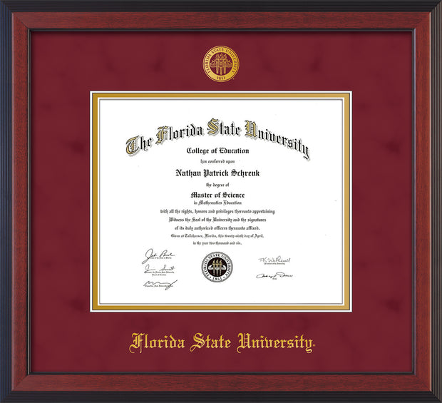 Image of Florida State University Diploma Frame - Cherry Reverse - w/Embossed FSU Seal & Name - Garnet Suede on Gold mats