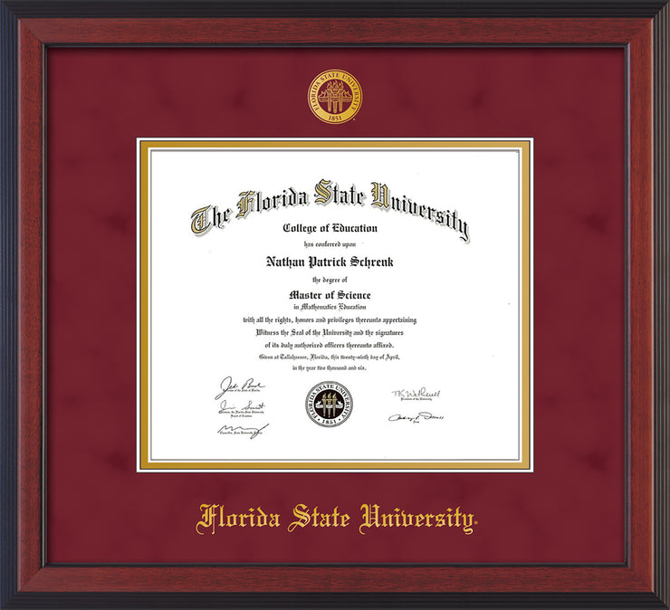 Image of Florida State University Diploma Frame - Cherry Reverse - w/Embossed FSU Seal & Name - Garnet Suede on Gold mats