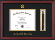 Image of Florida State University Diploma Frame - Cherry Reverse - w/Embossed FSU Seal & Name - Tassel Holder - Black on Gold mats