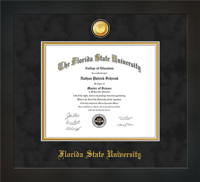 Image of Florida State University Diploma Frame - Flat Matte Black - w/24k Gold-Plated Medallion FSU Name Embossing - Black Suede on Gold mats