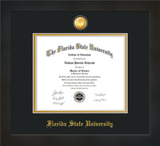 Image of Florida State University Diploma Frame - Flat Matte Black - w/24k Gold-Plated Medallion FSU Name Embossing - Black on Gold mats
