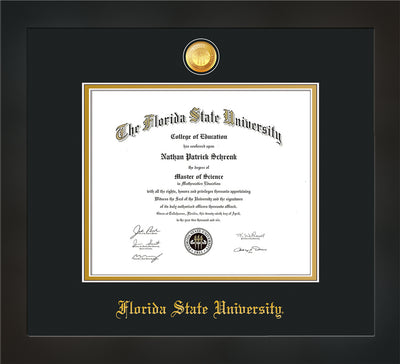 Image of Florida State University Diploma Frame - Flat Matte Black - w/24k Gold-Plated Medallion FSU Name Embossing - Black on Gold mats