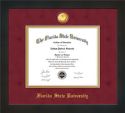 Image of Florida State University Diploma Frame - Flat Matte Black - w/24k Gold-Plated Medallion FSU Name Embossing - Garnet Suede on Gold mats