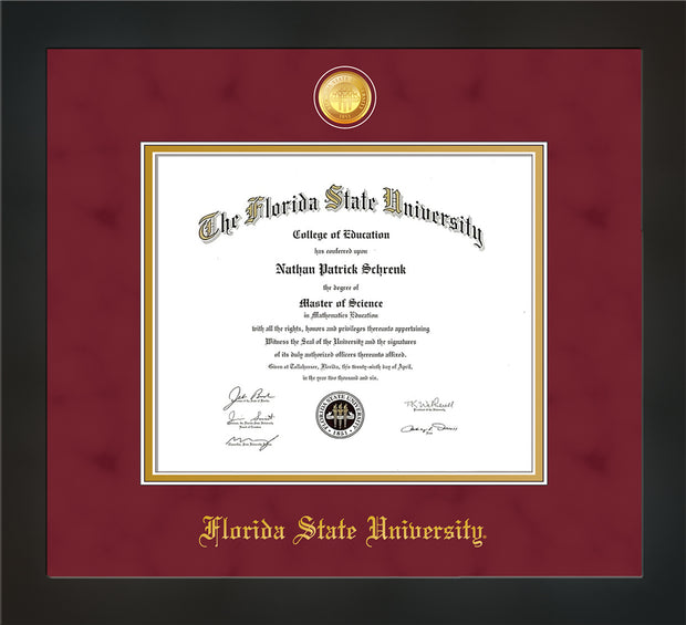 Image of Florida State University Diploma Frame - Flat Matte Black - w/24k Gold-Plated Medallion FSU Name Embossing - Garnet Suede on Gold mats