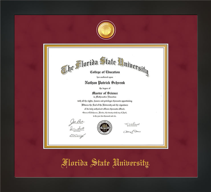 Image of Florida State University Diploma Frame - Flat Matte Black - w/24k Gold-Plated Medallion FSU Name Embossing - Garnet Suede on Gold mats